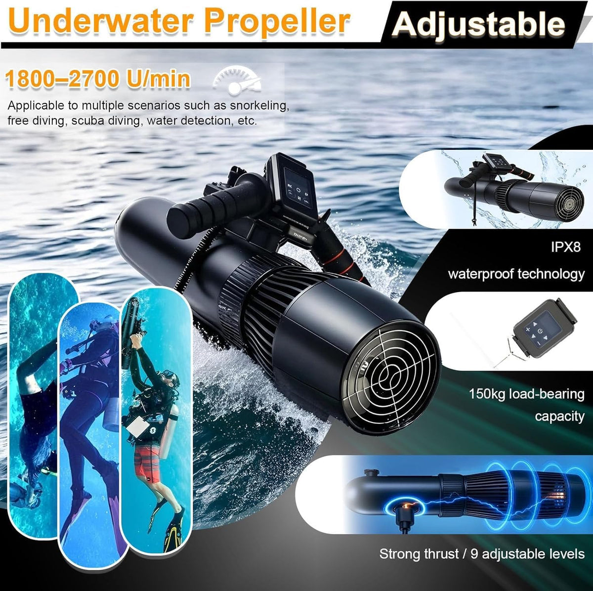 Underwater Scooter 500W/10000 mAh, 130-Min Runtime, 10-Speed Adjustable (1.9-4.3 MPH), Family-Friendly Underwater Sea