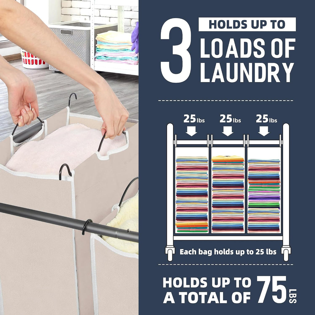 Laundry Sorter 3 Section, 3 Bag Clothes Hamper, Rolling Laundry Cart Basket with Heavy Duty Lockable Wheels and