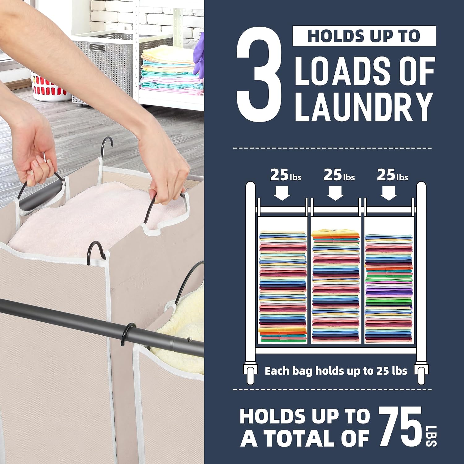 Laundry Sorter 3 Section, 3 Bag Clothes Hamper, Rolling Laundry Cart Basket with Heavy Duty Lockable Wheels and