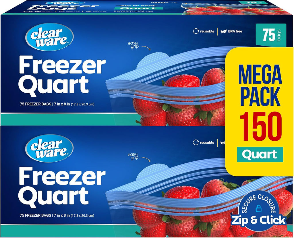 Quart Freezer Bags - Double Zipper Seal -150 Count, (2 Packs of 75) Resealable Plastic Freezer Containers - Reusable