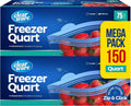 Quart Freezer Bags - Double Zipper Seal -150 Count, (2 Packs of 75) Resealable Plastic Freezer Containers - Reusable