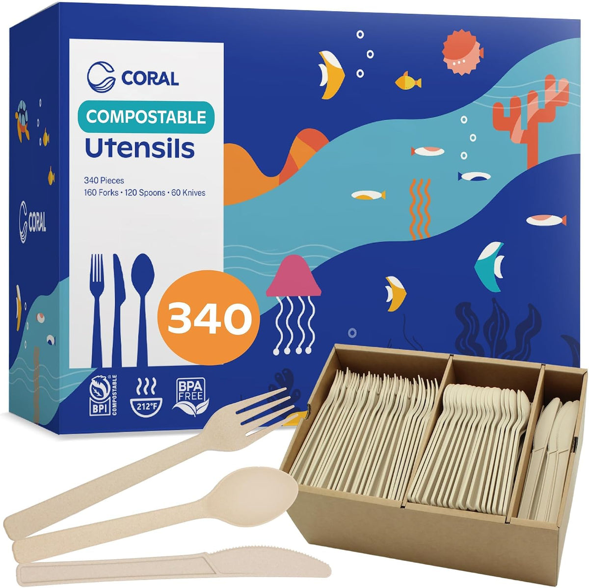 Light Brown Compostable Heavy Duty Silverware Set 340 Pieces Bulk