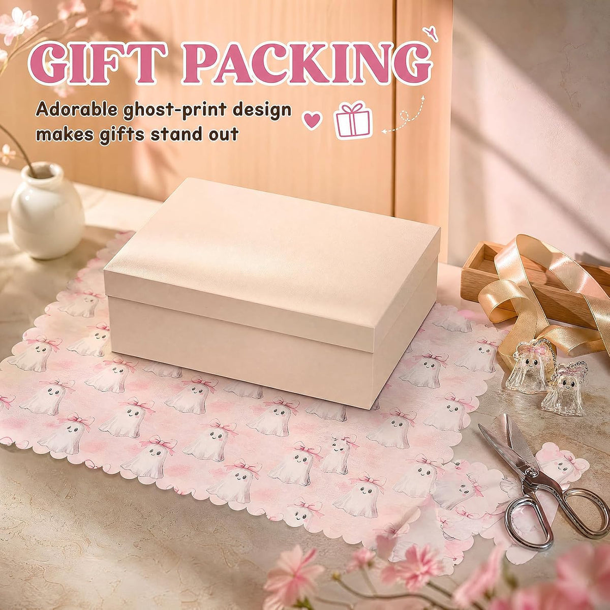 60 Sheets Pink Halloween Scalloped Edge Tissue Paper, Pink Bow Cute Ghost Pattern Art Crafts Paper for Halloween Baby