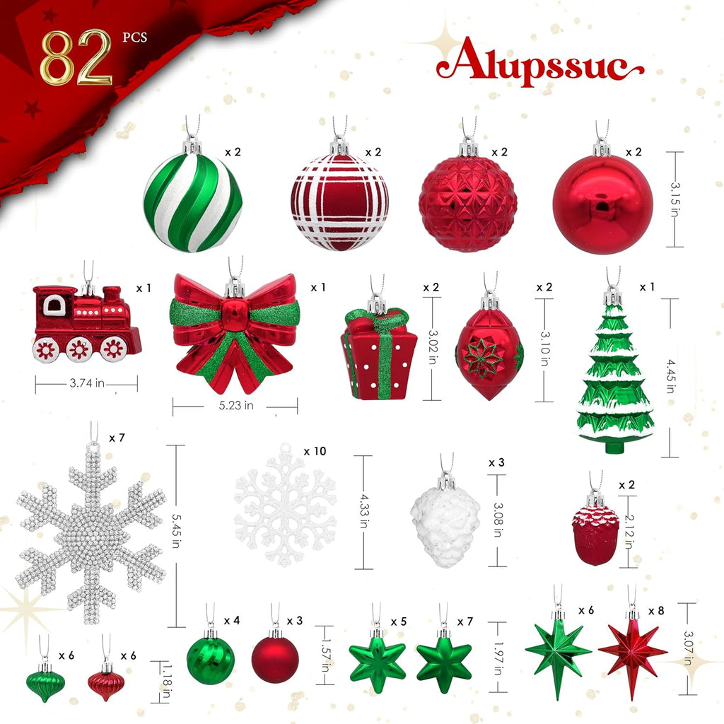 82pcs Classic Christmas Balls Ornaments Set, Red, White and Green | Delightful Gift Set, Shatterproof Plastic