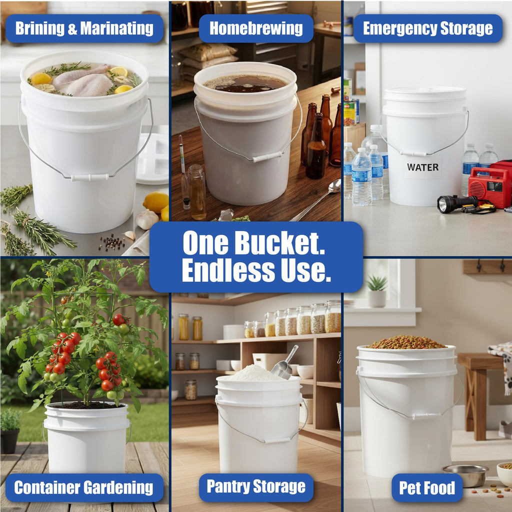5 Gallon Bucket - Food Grade w/Lid BPA-Free, 6 Pack - White
