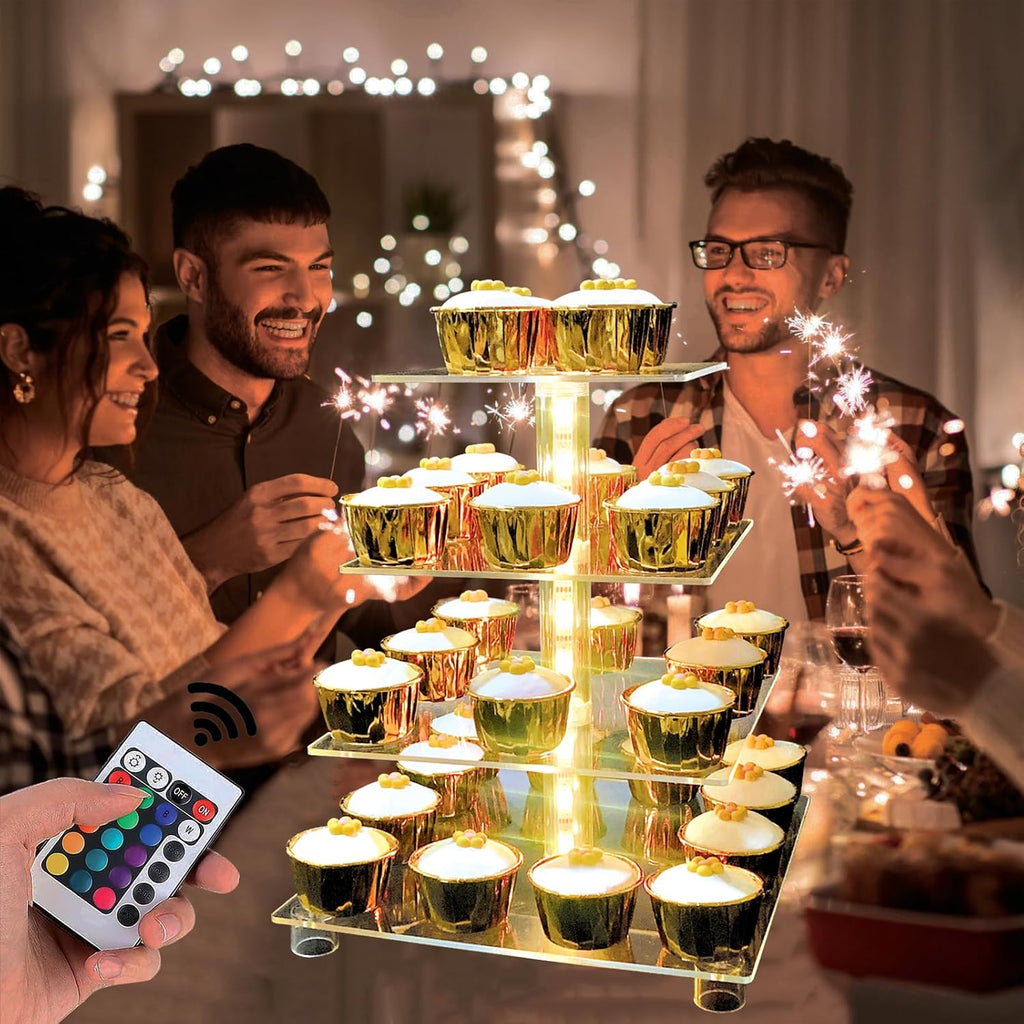 Cupcake Stand Acrylic 4 Tier Tower Display Cupcake Cake Stand with Remote LED Light,Multiple Color Changing