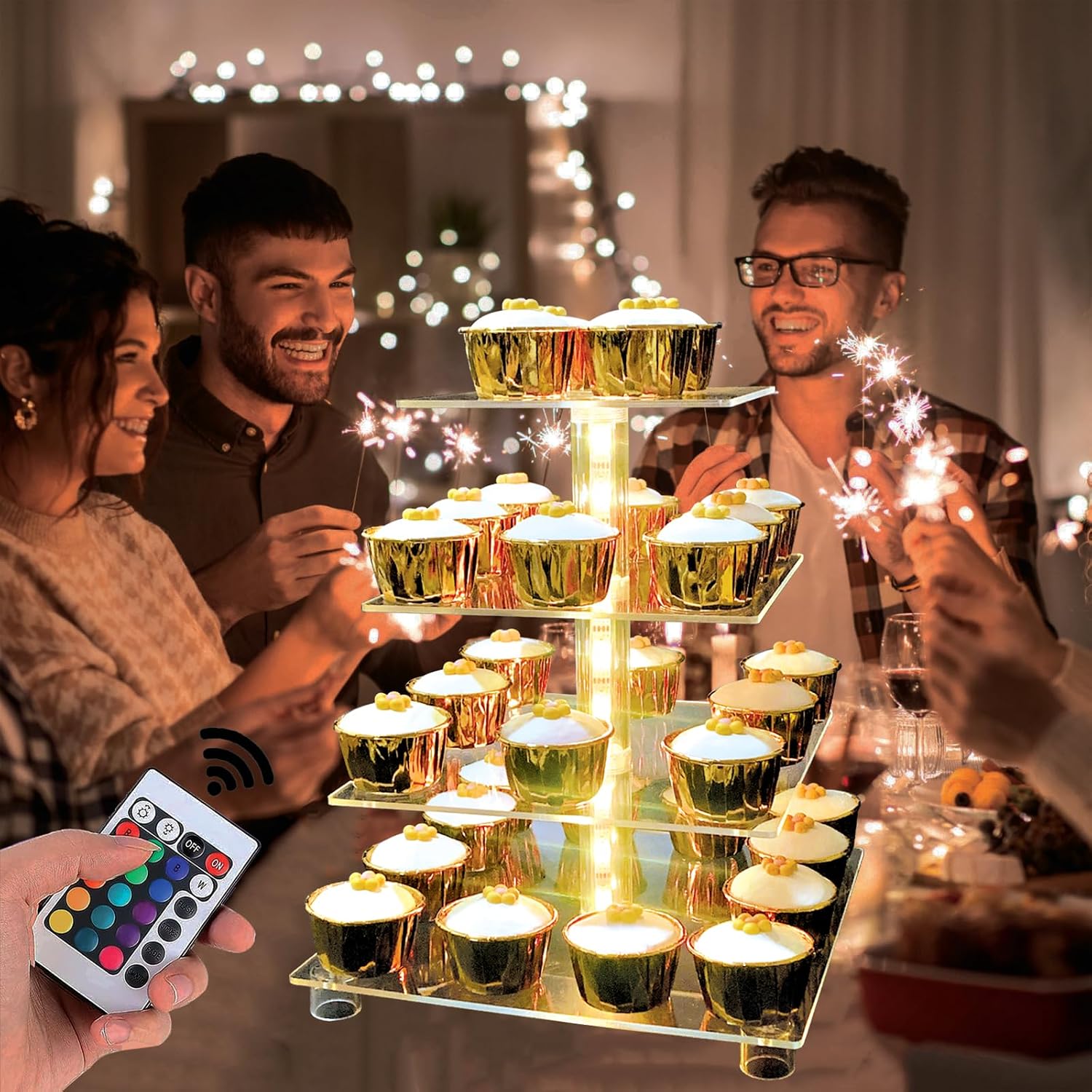Cupcake Stand Acrylic 4 Tier Tower Display Cupcake Cake Stand with Remote LED Light,Multiple Color Changing