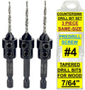 FTG USA 3 Pc #4 (7/64") Countersink Drill Bit Set with Tapered Drill Bits