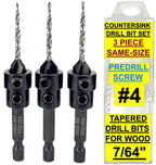 FTG USA 3 Pc #4 (7/64") Countersink Drill Bit Set with Tapered Drill Bits