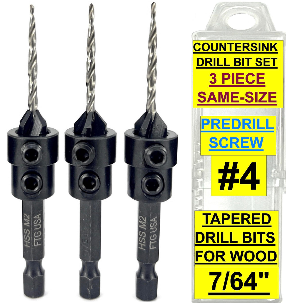 FTG USA 3 Pc #4 (7/64") Countersink Drill Bit Set with Tapered Drill Bits