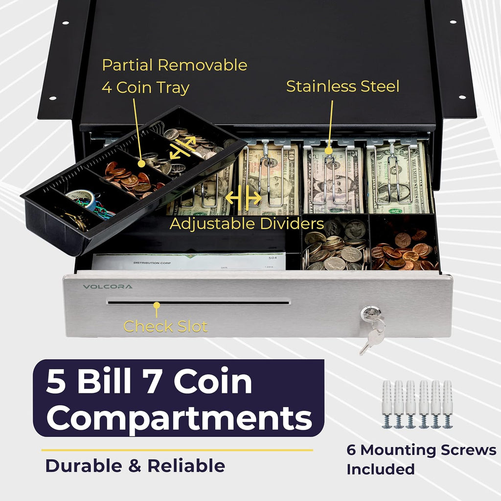 Cash Register Drawer with Under Counter Mounting Metal Bracket - 16 Black - Stainless Steel Front for POS, 5 Bill 6