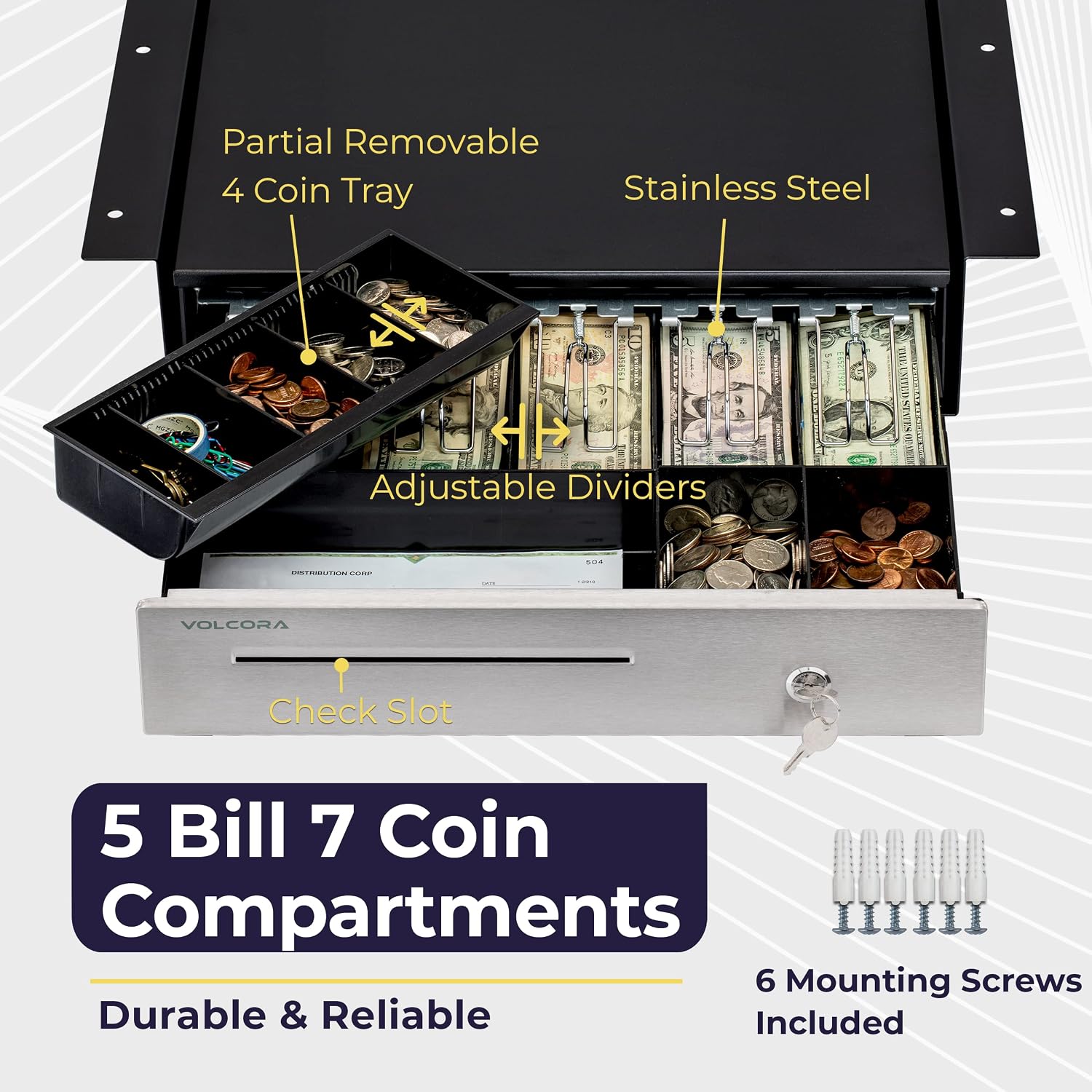 Cash Register Drawer with Under Counter Mounting Metal Bracket - 16 Black - Stainless Steel Front for POS, 5 Bill 6