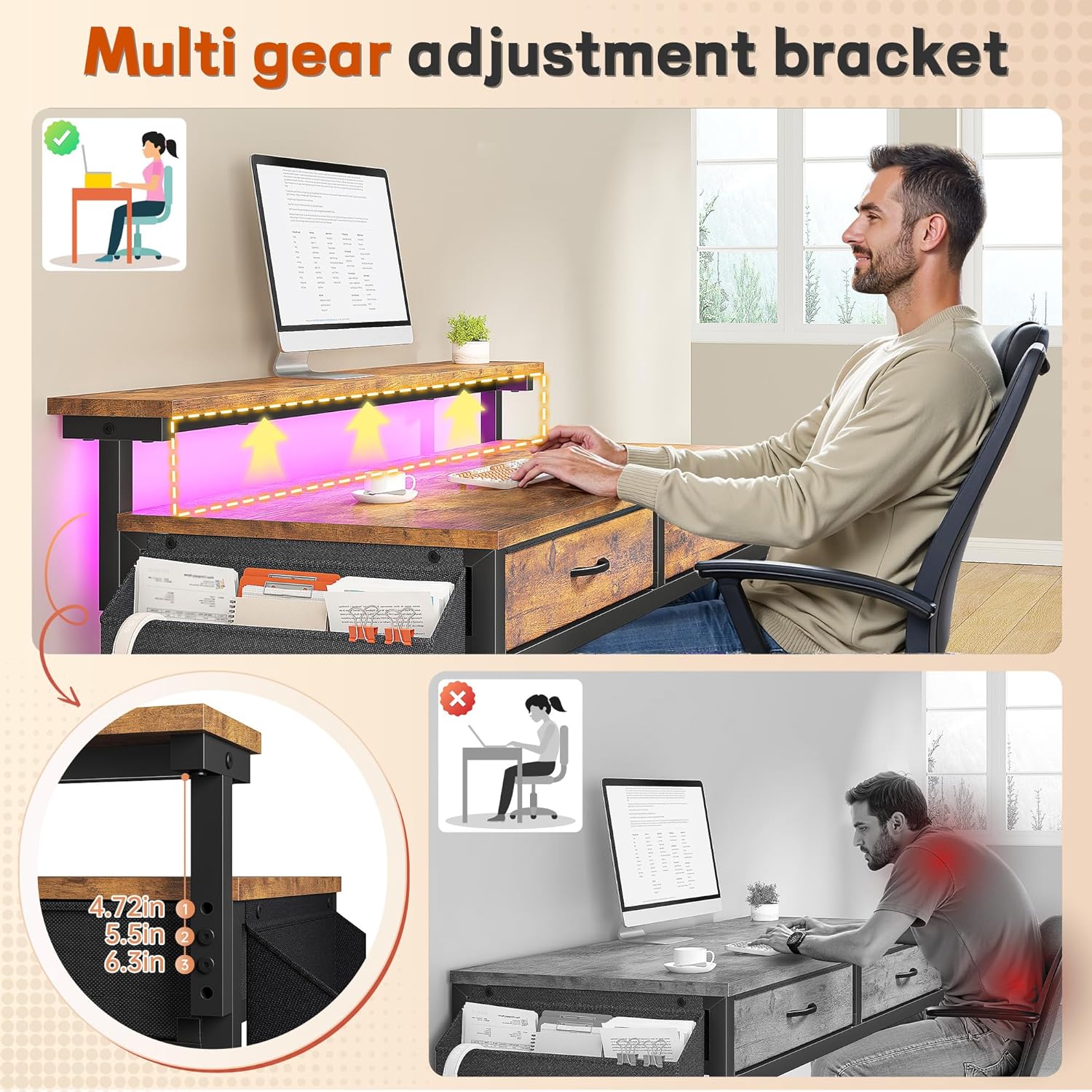 Gaming Desk with LED Lights with 2 Drawers, 31 Inch Desk Home Office Desk Computer Desk with Side Pocket & Ergonomic