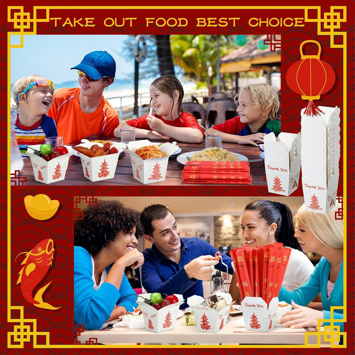 50 Set 16 oz Chinese Take out Boxes with Chopsticks Food Containers