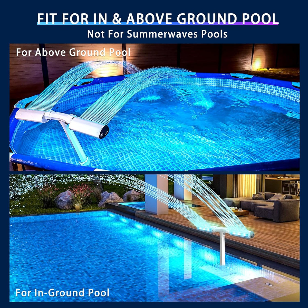 Pool Fountain with Light, 16-Color 12-Modes, Dual Spray Water Fountains for Above Ground & In-ground Pools, APP