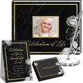 Elegant Black Floral Funeral Guest Book,"Celebration of Life" Gold Stamped Cover with Photo Slot,Includes Silver Pen