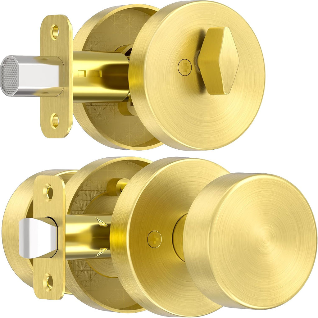 Gold Door Knob with Deadbolt Lock, Satin Brass Front Door Handle with Deadbolt Lock Set, Round Deadbolt and Exterior