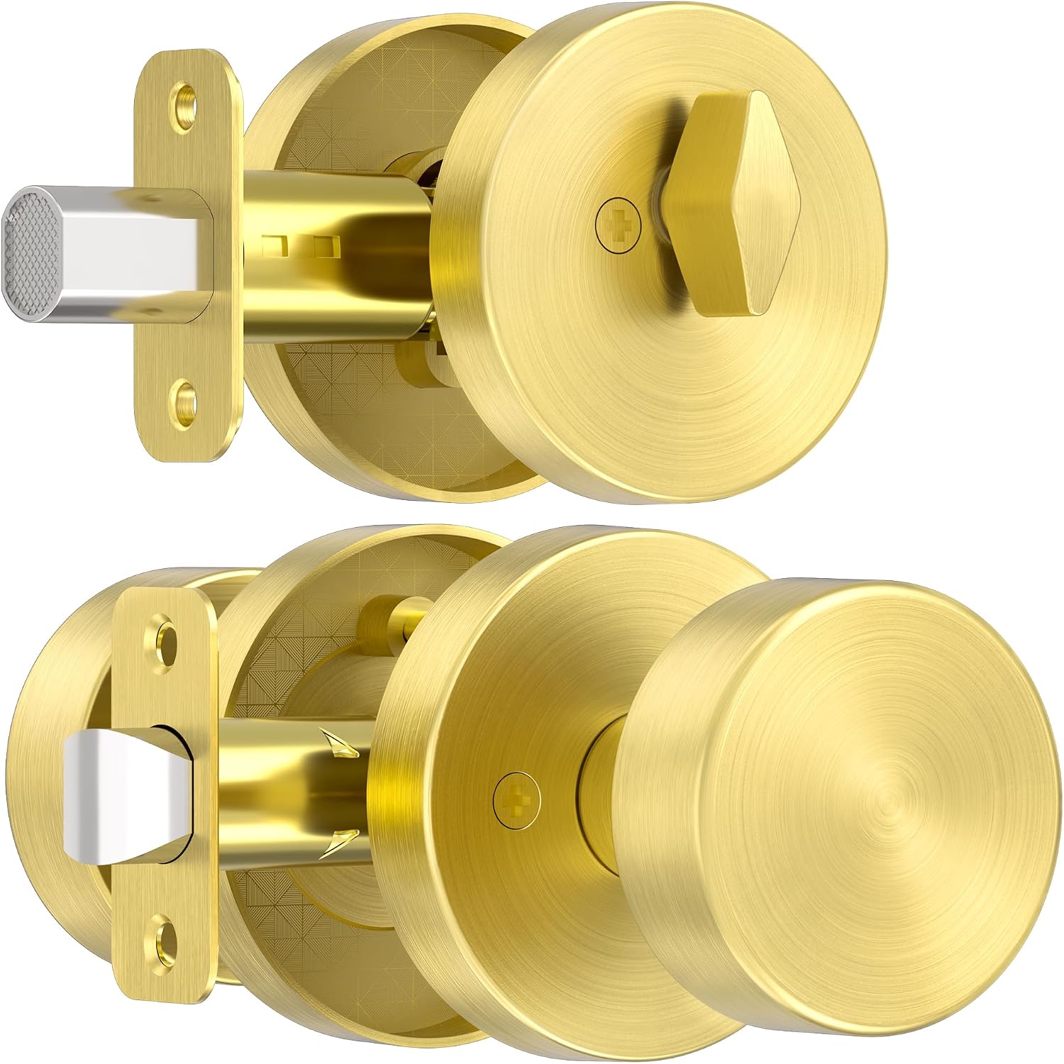 Gold Door Knob with Deadbolt Lock, Satin Brass Front Door Handle with Deadbolt Lock Set, Round Deadbolt and Exterior