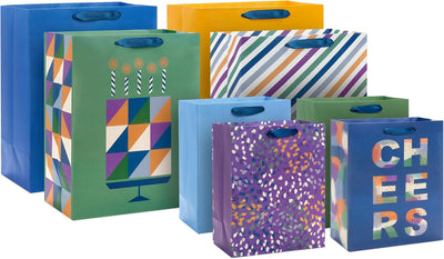 Solid Gift Bag Assortment (8 Bags: 4 Medium 9", 4 Large 13") Blue, Green, Orange, Cheers, Stripes