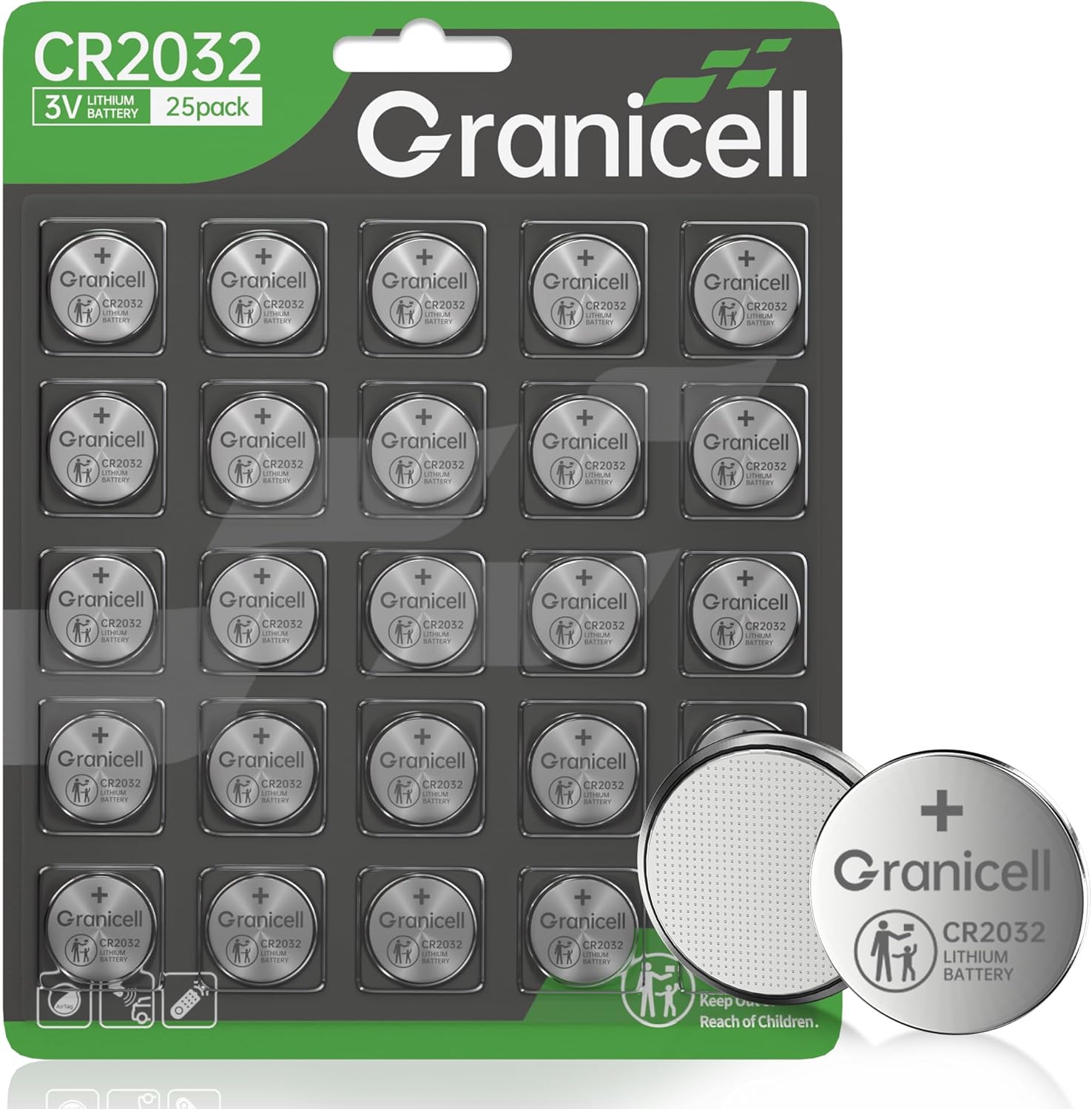 High Capacity CR2032 Lithium Battery (25-Pack) 2032 Lithium 3V Coin Battery for Child Safety, Suitable for Key Fobs