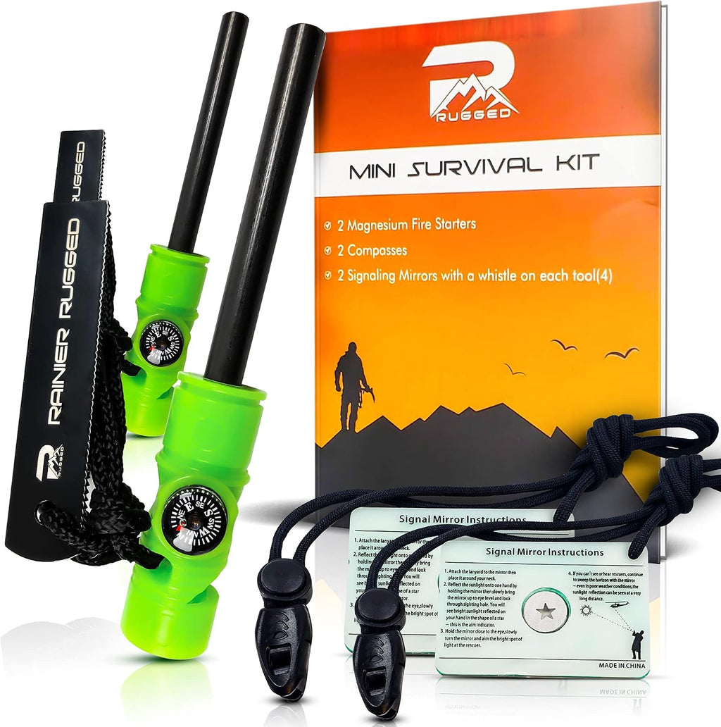 Rainier Rugged 5-in-1 Glow-in-The-Dark Fire Starters Kits with Compass, Signal Mirrors, Whistles -Magnesium Ferro