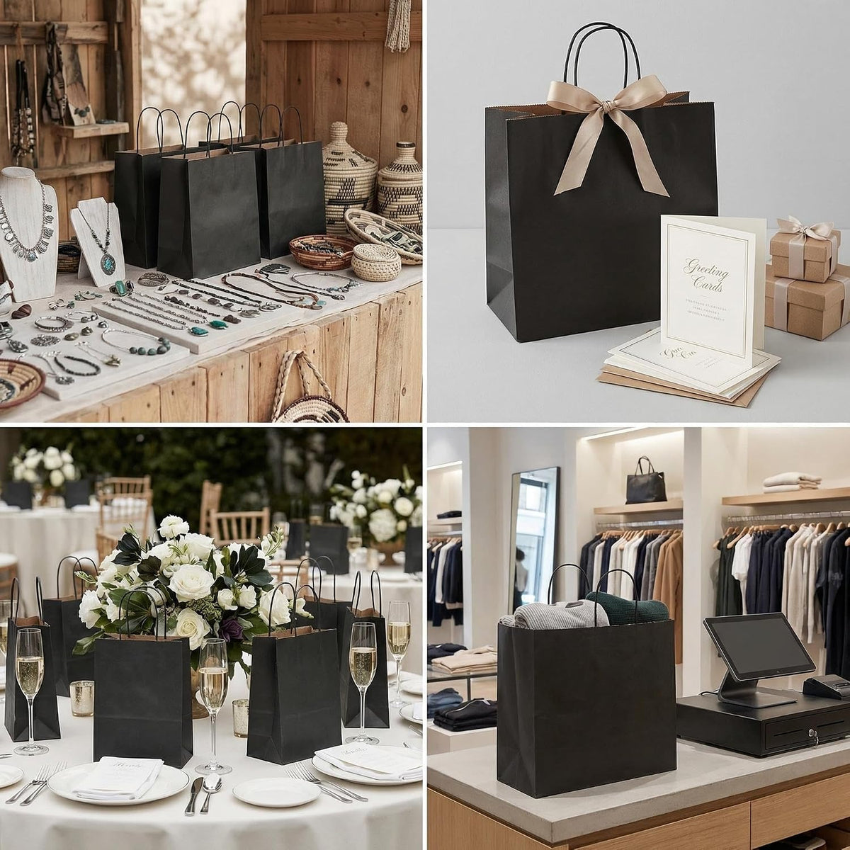 Large Black Kraft Paper Gift Bags with Handles, 13x7x13 Inch, 100Pack