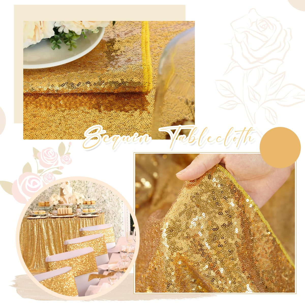 Gold Sequin Tablecloth 90"x132" Wedding Glitter Table Cloth