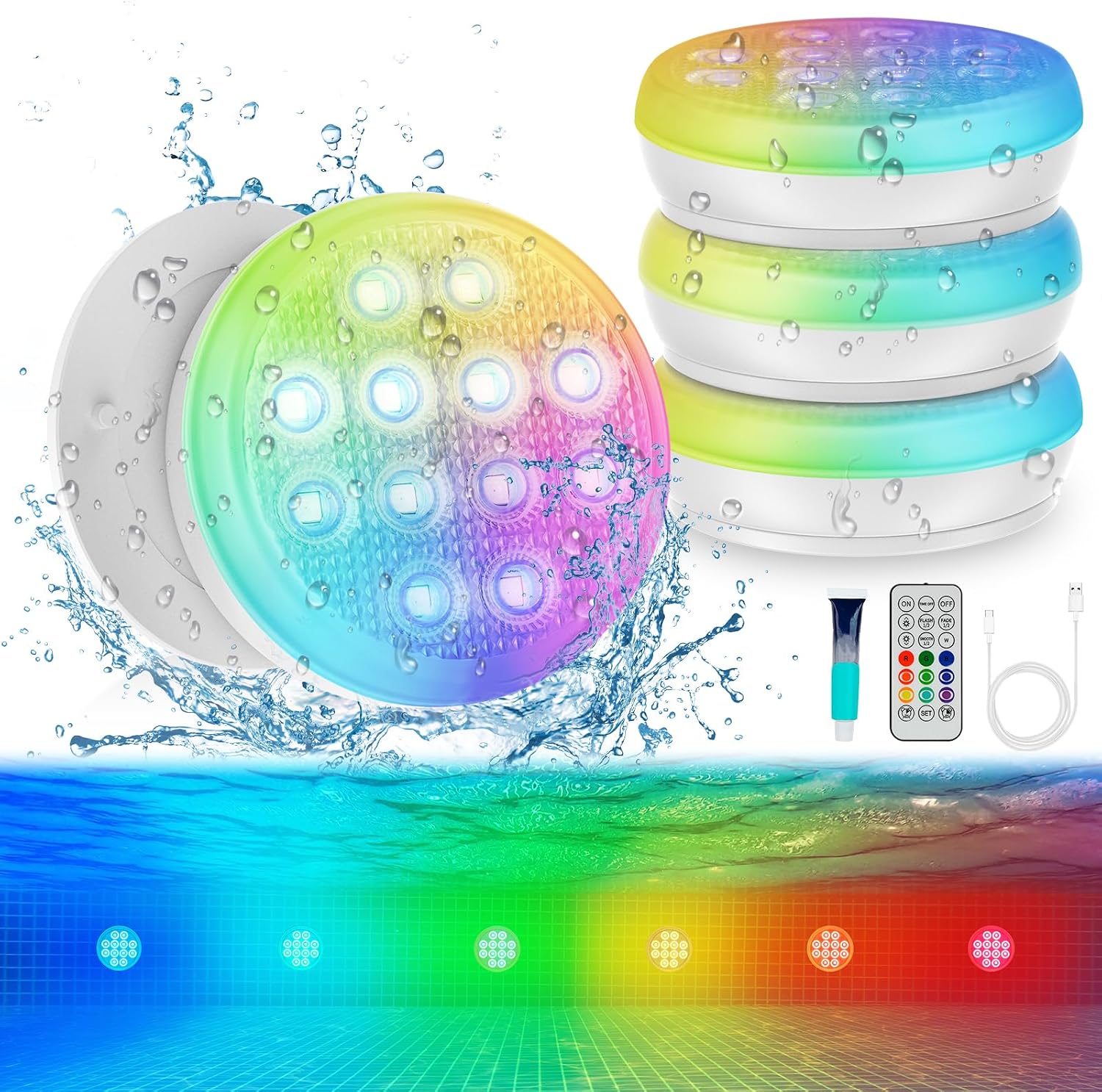 Pool Lights 4 Pack, for Above Ground Pools, Inground Pool | Rechargeable Submersible Pool Lights with Remote, IP68