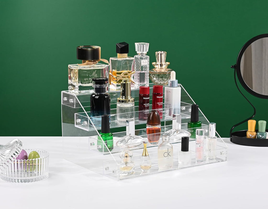 12" Acrylic Riser Display Stands - 4 Tier Clear Acrylic Display Shelf, Double Sided Usable, Makeup Organizer Perfume