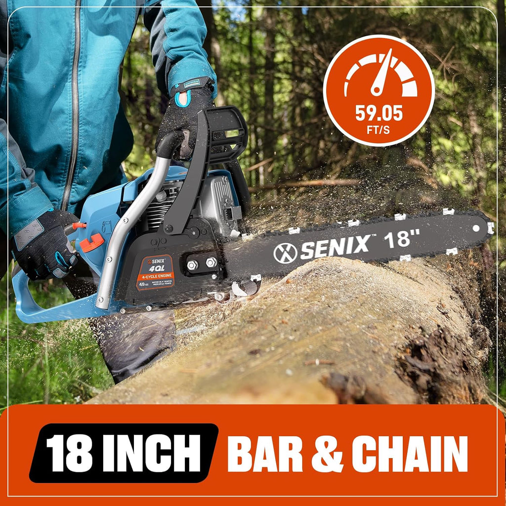 4-Cycle 18-Inch Gas Chainsaw | 49cc Cordless Chain Saw for Wood Cutting, Tree Trimming, Farm & Home Garden Use | No