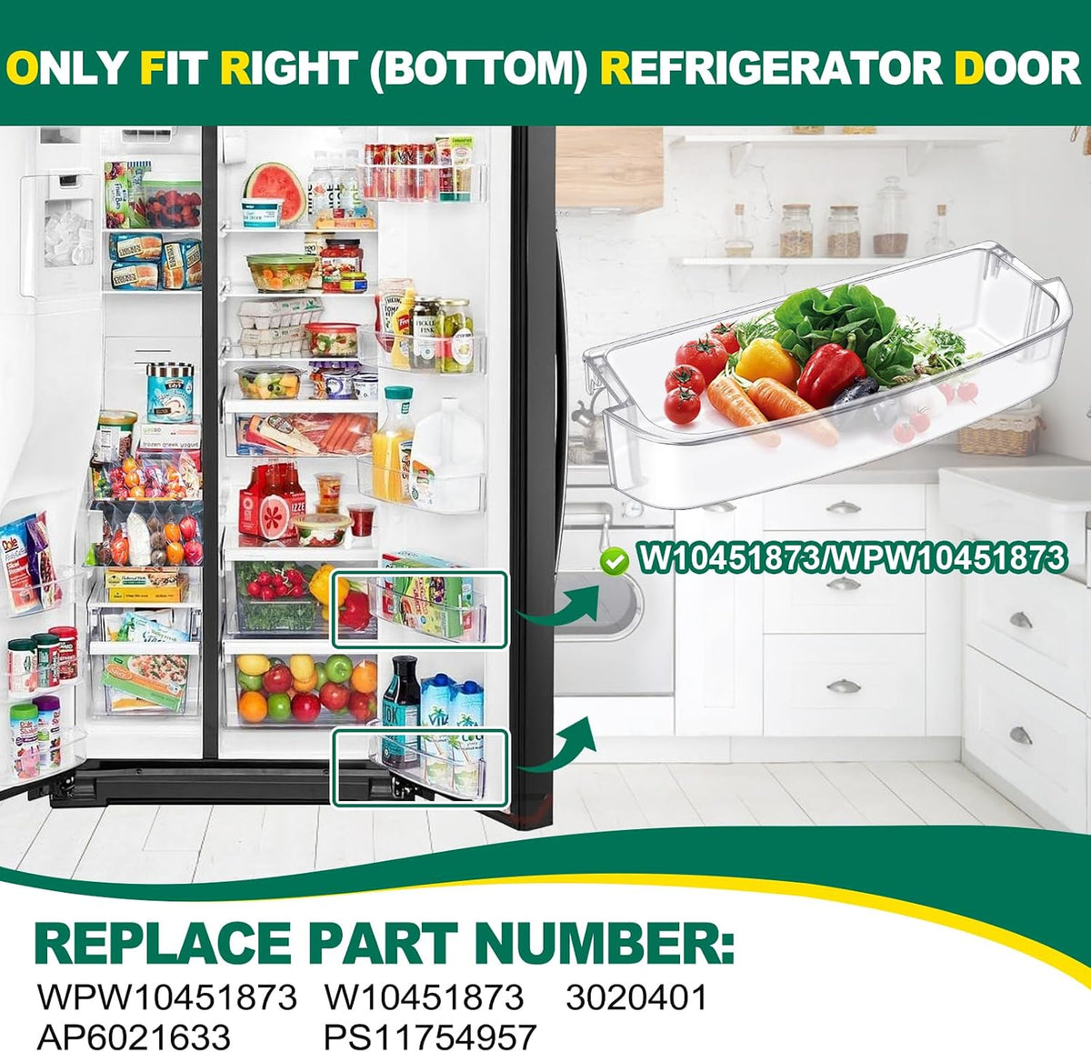 (2 PACK) UPGRADED WPW10451873 W10451873 Refrigerator Door Shelf Bin Replacement Compatible with Whirlpool Kenmore Refrigerator Door Bin WRS571CIHZ00, WRS571CIDM01, WRS571CIHZ01, WRS571CIHZ04
