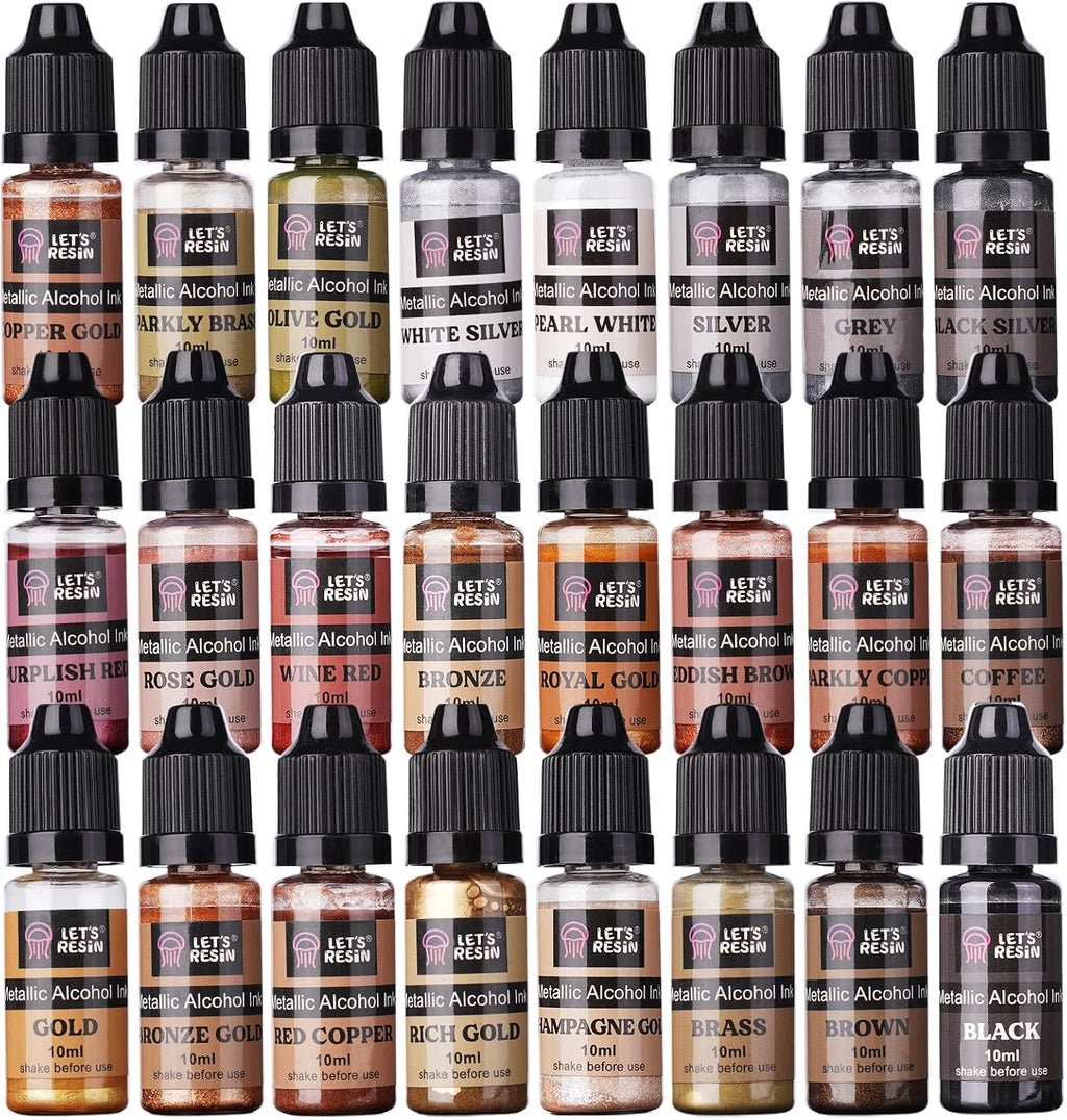 Metallic Alcohol Ink Set-24 Colors Metal Pigment Each 0.35oz | Resin Dye, High Concentrated & Shimmer Mixatives