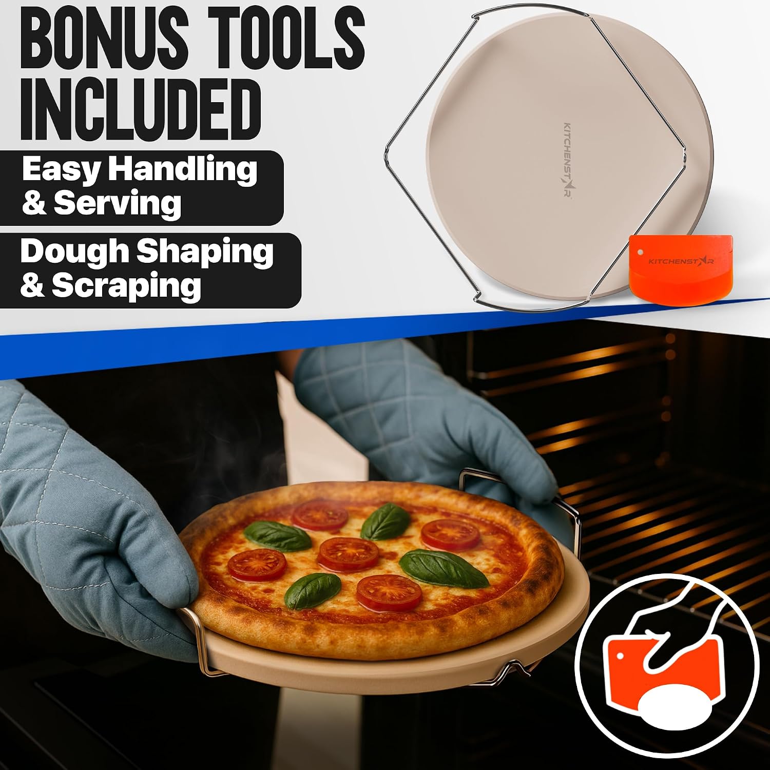 14-inch Pizza Stone for Oven and BBQ Grill with Handles, Round, 5/8" Thick - Natural Cordierite, 1800 °F Resistant