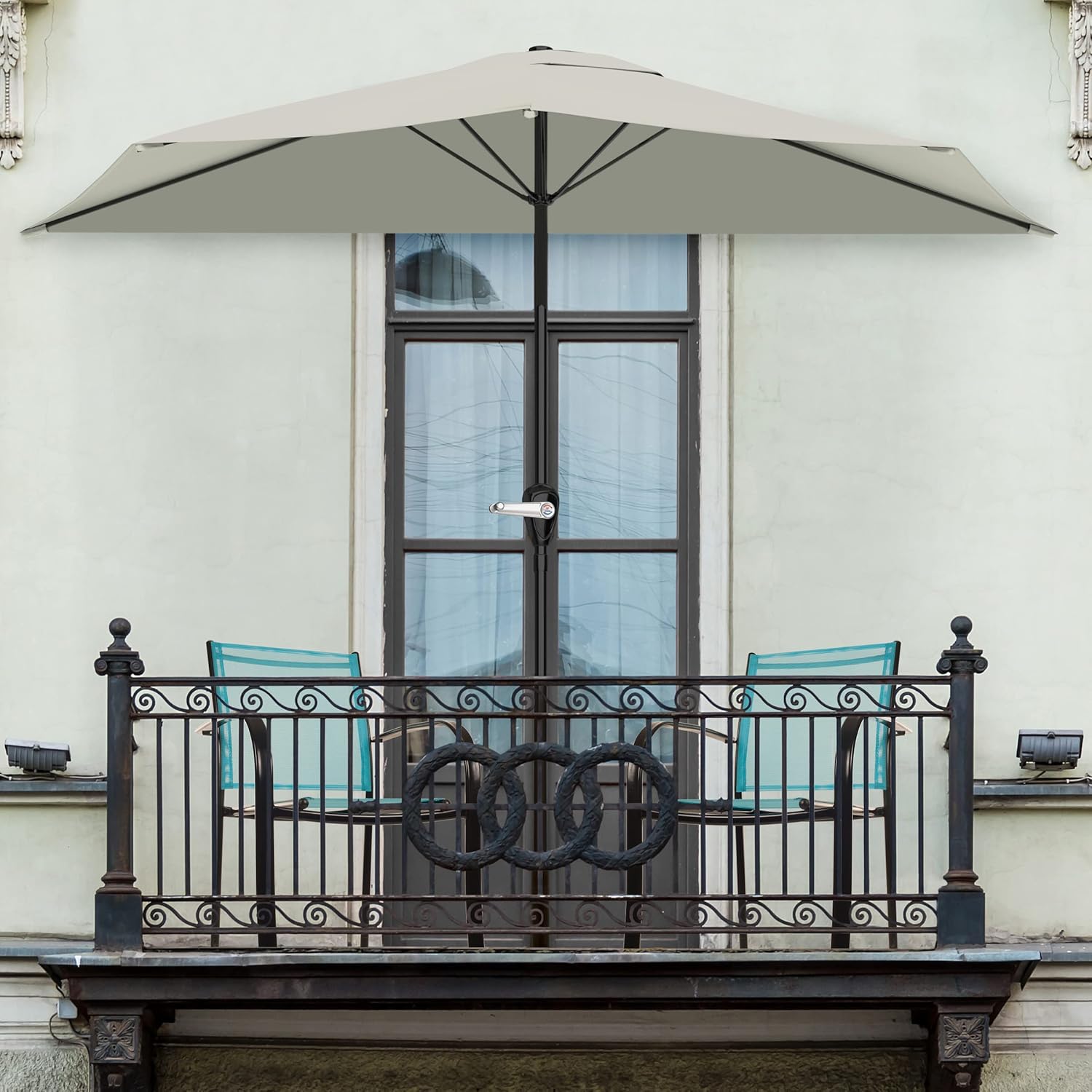 Half Umbrella Outdoor Patio Shade - 9 ft Patio Umbrella with Easy Crank - Small Canopy for Balcony, Table, or Deck by