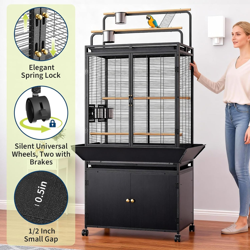 Extra Large Bird Cage with Play Top & Storage Cabinet, 71'' H | Corner Flight Birdcage for Parrot, Budgie, Conure