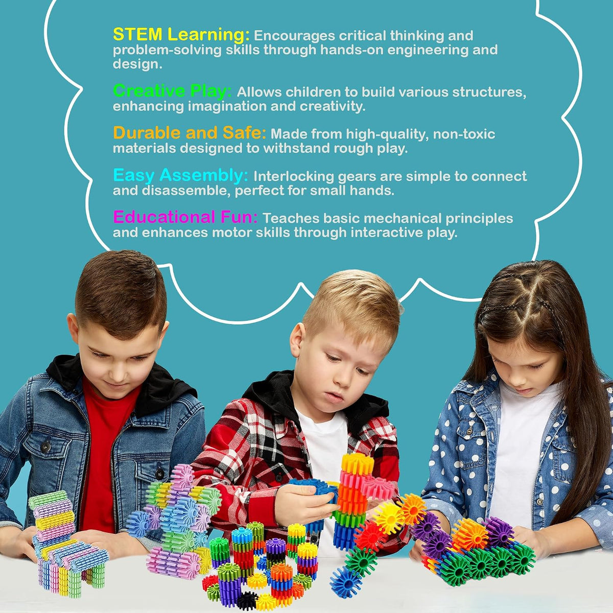 STEM Building Blocks Toys for Kids – Educational and Safe Gear Interlocking Construction Playset – Develop Creativity