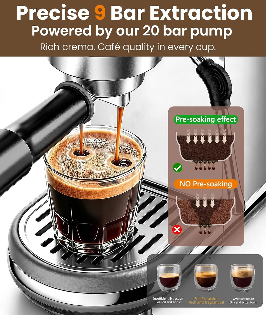 Espresso Machine with Milk Frother, 20 Bar Pressure Espresso Maker | with 44OZ Removable Tank, Compact Stainless