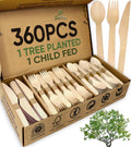 100% Compostable Wooden Cutlery Set, Disposable Utensils, 360 PCS