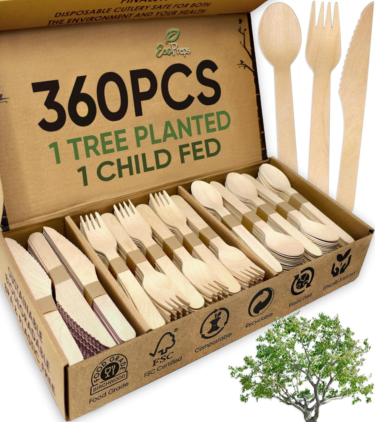 100% Compostable Wooden Cutlery Set, Disposable Utensils, 360 PCS