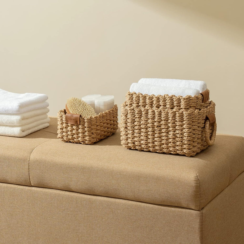 Small Wicker Baskets for Organizing, Recycled Paper Rope Storage Basket Container Bins for Shelves Bathroom Cupboards