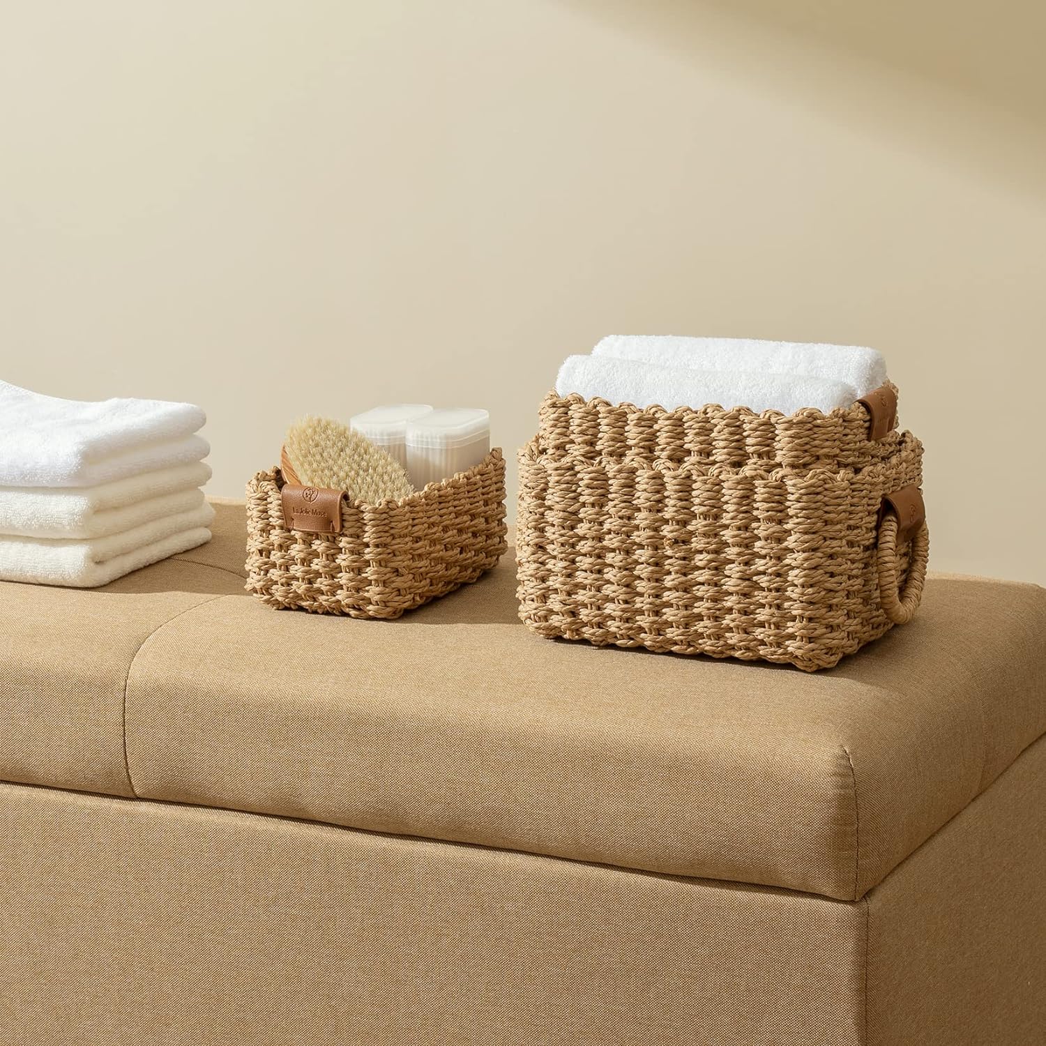 Small Wicker Baskets for Organizing, Recycled Paper Rope Storage Basket Container Bins for Shelves Bathroom Cupboards