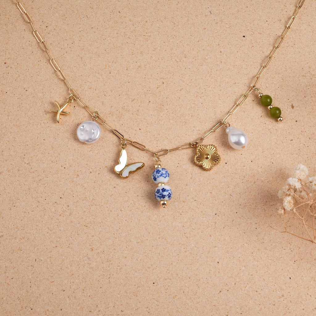 Pearl Flower Charm Necklace Floral Beach Shell Fish Summer Chinoiserie Porcelain Cherry Fruit Butterfly Whimsical