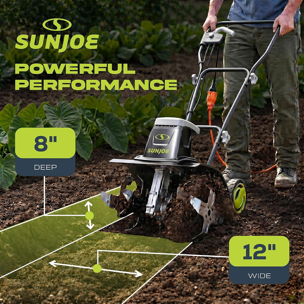 Electric Garden Tiller and Cultivator with 3 Position Height Adjustment Maximum 12-inch Cultivating Width and 8 Amp