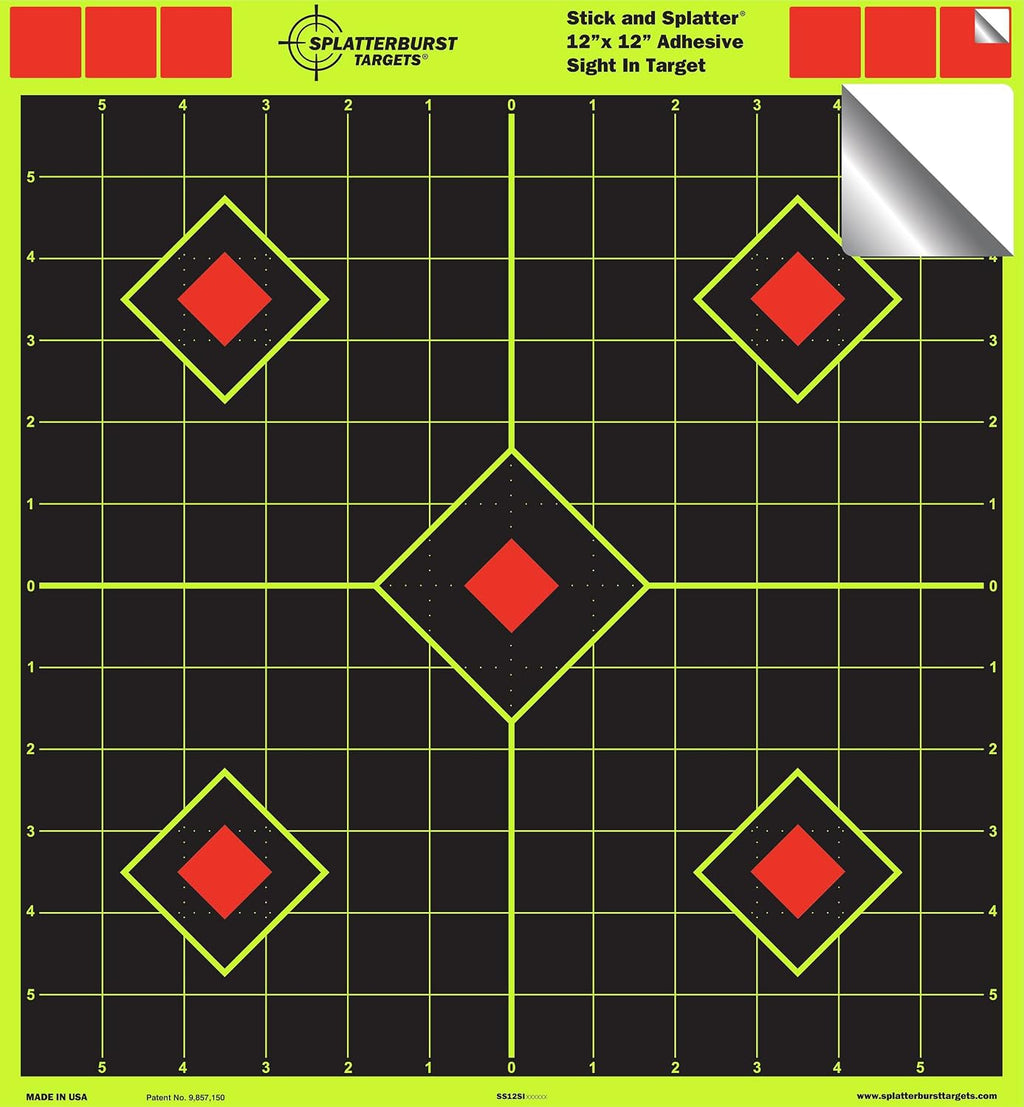 12 x 12 inch Sight in Stick & Splatter Self Adhesive Shooting Targets - Shots Burst Bright Fluorescent Yellow - Great