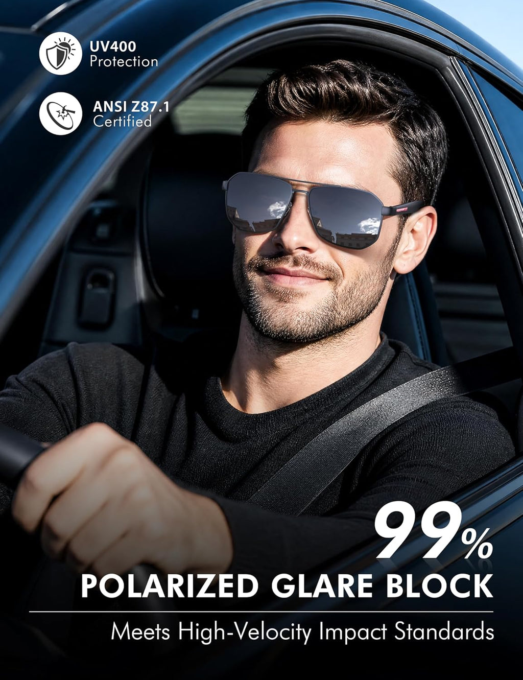 Aviator Polarized Sunglasses for Men: Square UV400 Driving | Big Head Fit,Lightweight,Adjustable Nose