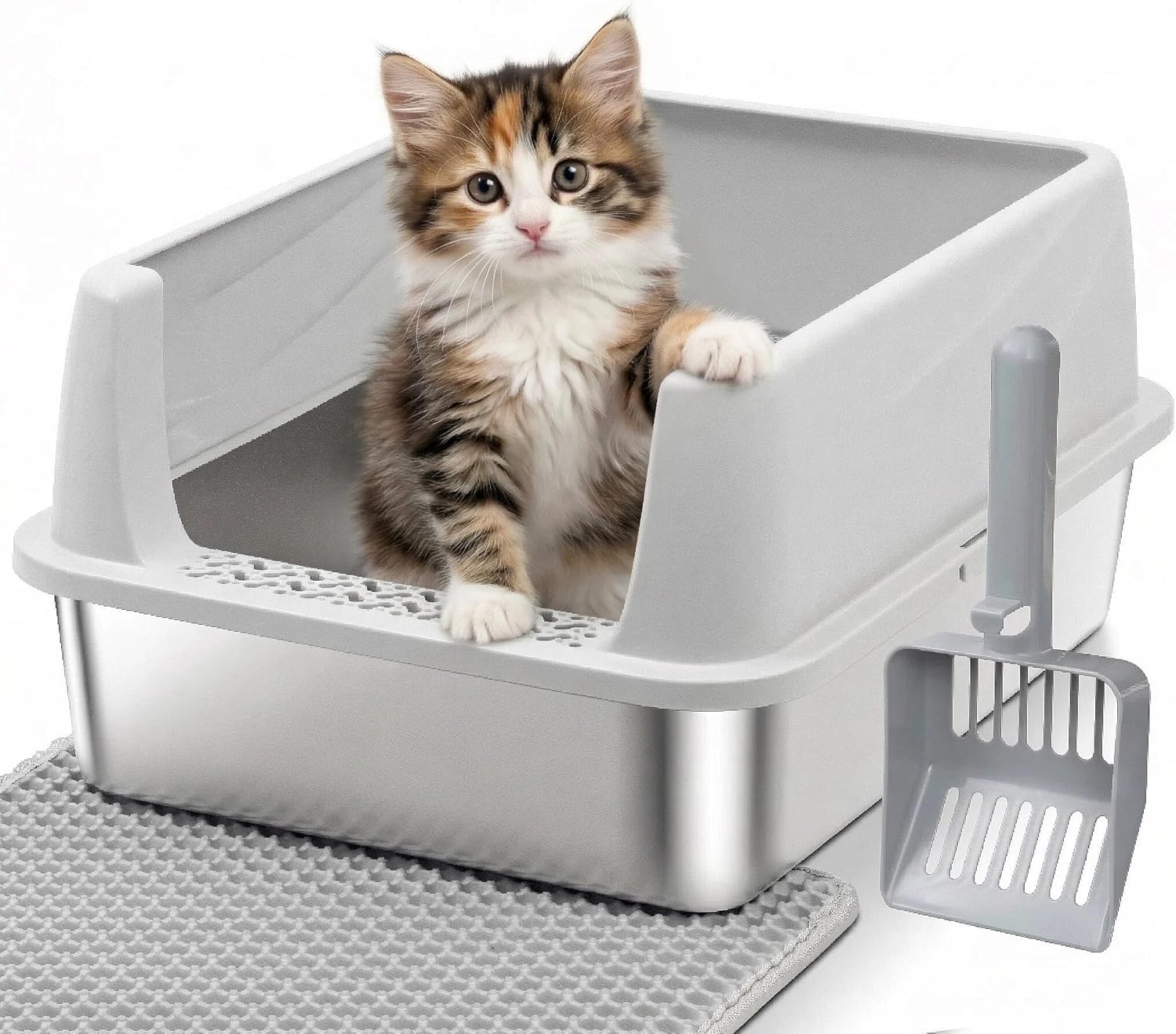 Stainless Steel Litter Box with High Sides, Small Metal Litter Box for Kittens & Medium Cats, Low Entry Kitten Litter