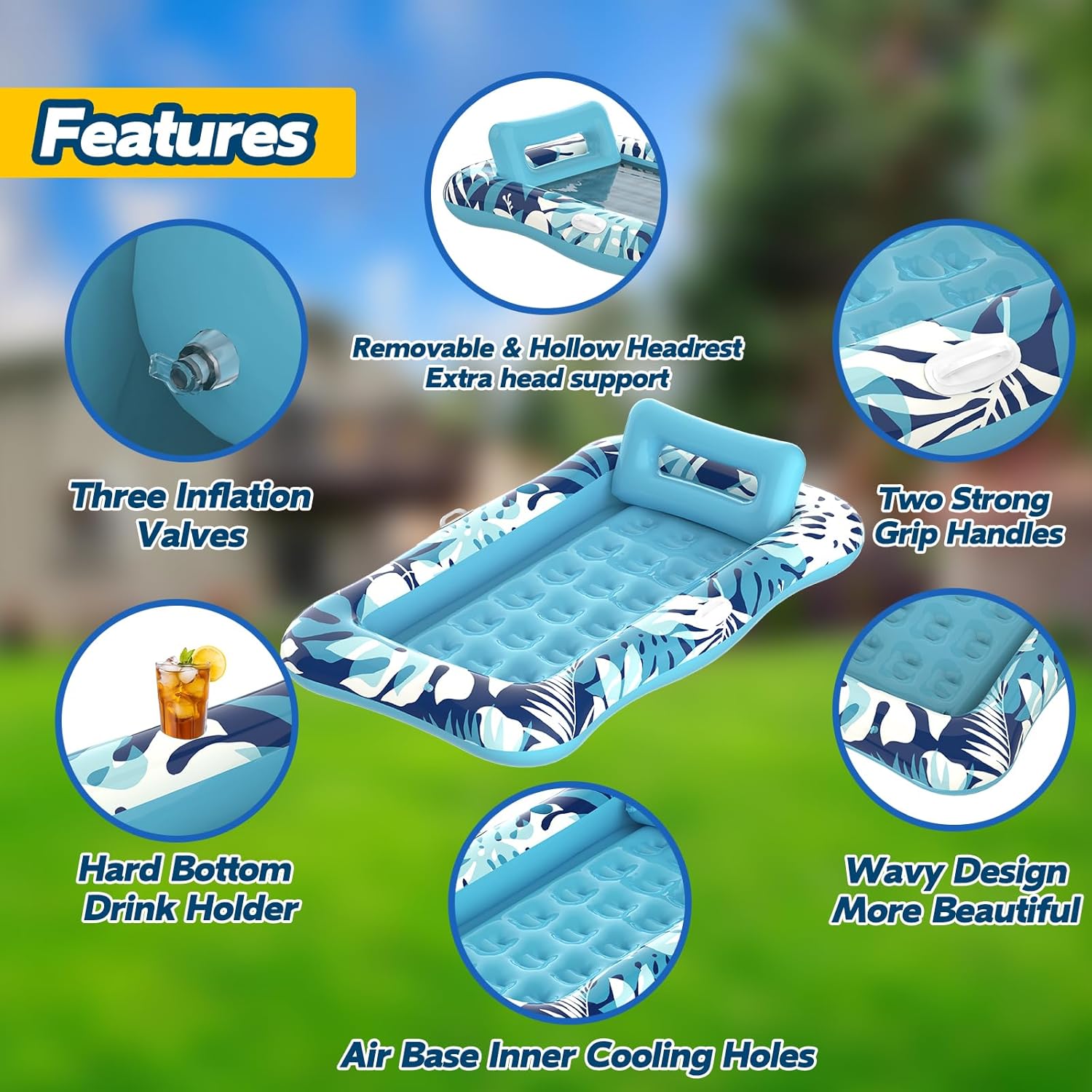 Pool Floats Adult,76"x48" XL Inflatable Tanning Pool Lounger Float with Pillow,4 in 1 Suntan Tub Sunbathing Raft