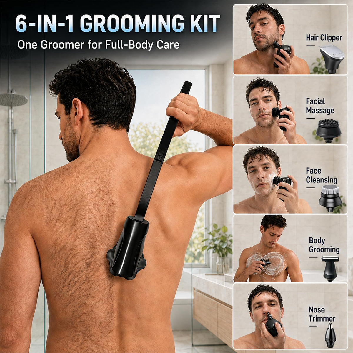 6-in-1 Back Shaver for Men, Body Groomer, Foldable Handle