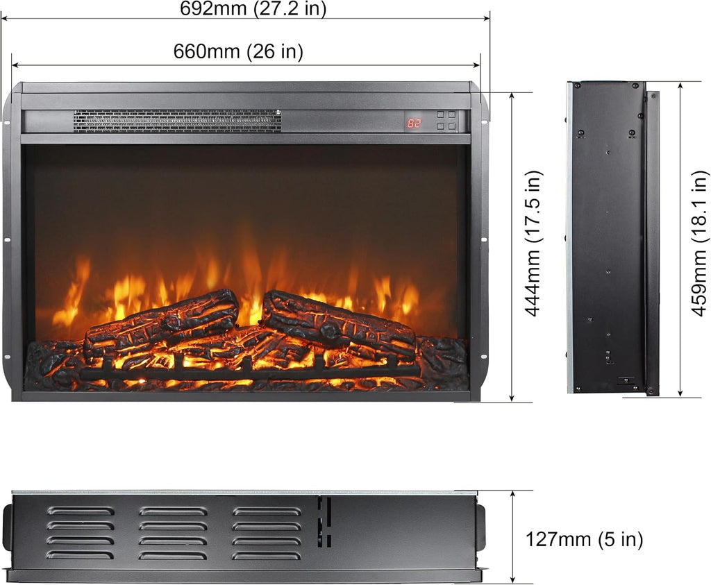 26 Inch Electric Fireplace Insert with Remote Control, Ultra Thin Heater with Realistic Flame and Log Set, Timer