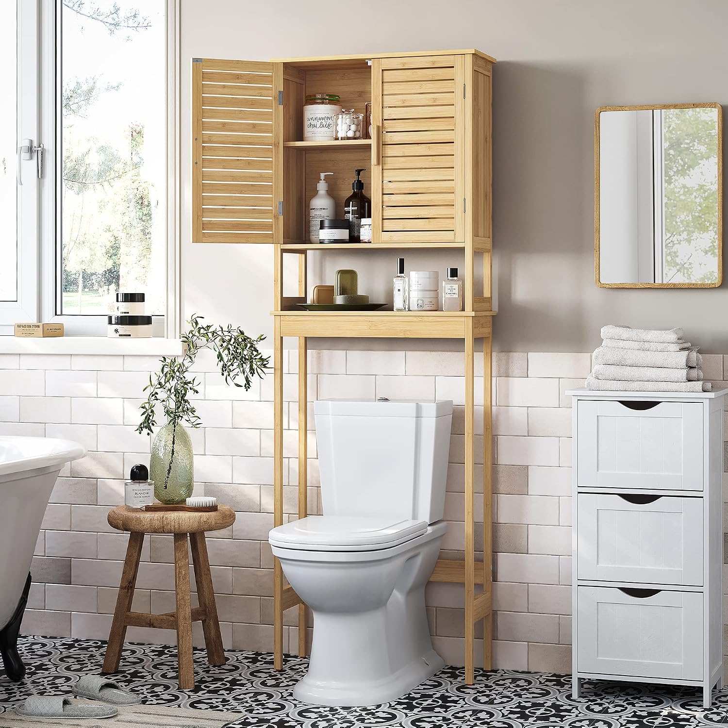 Over The Toilet Storage Cabinet, Bathroom Cabinet with Adjustable Inside Shelf and Bottom Stabilizer Bar